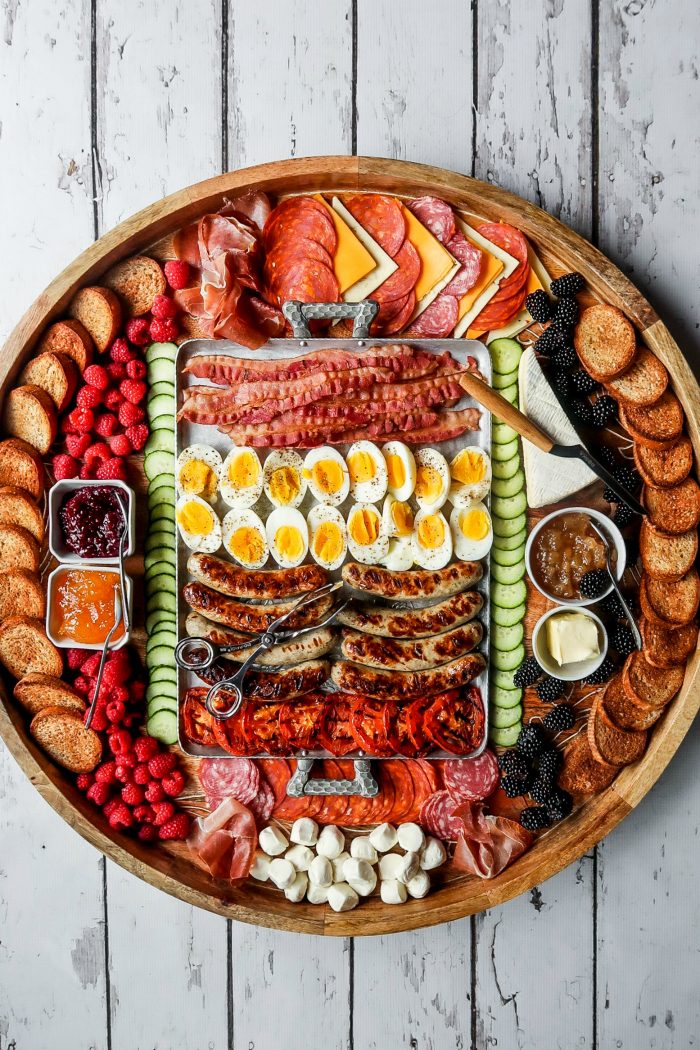 beautiful breakfast charcuterie on an epic round wood board