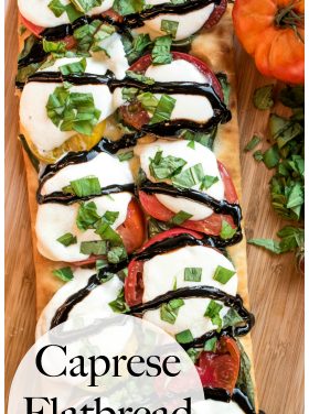 Caprese Flatbread is a simple pizza recipe that serves 4. Using fresh tomatoes, basil, mozzarella, and balsamic glaze, it's ready in minutes!