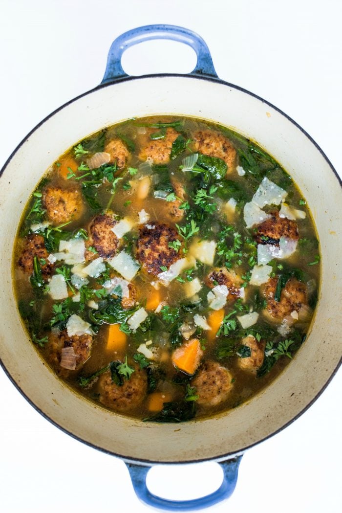 dutch oven of Chicken Meatball Italian Wedding Soup