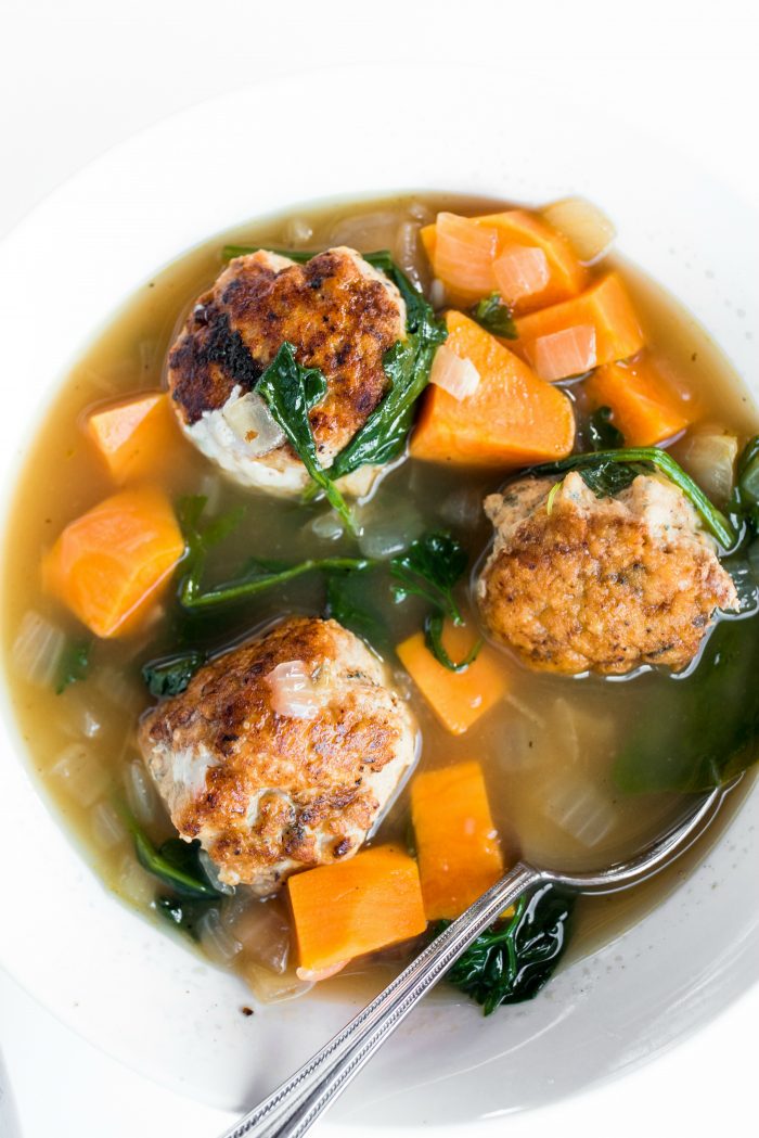 a close up bowl of Chicken Meatball Italian Wedding Soup recipe