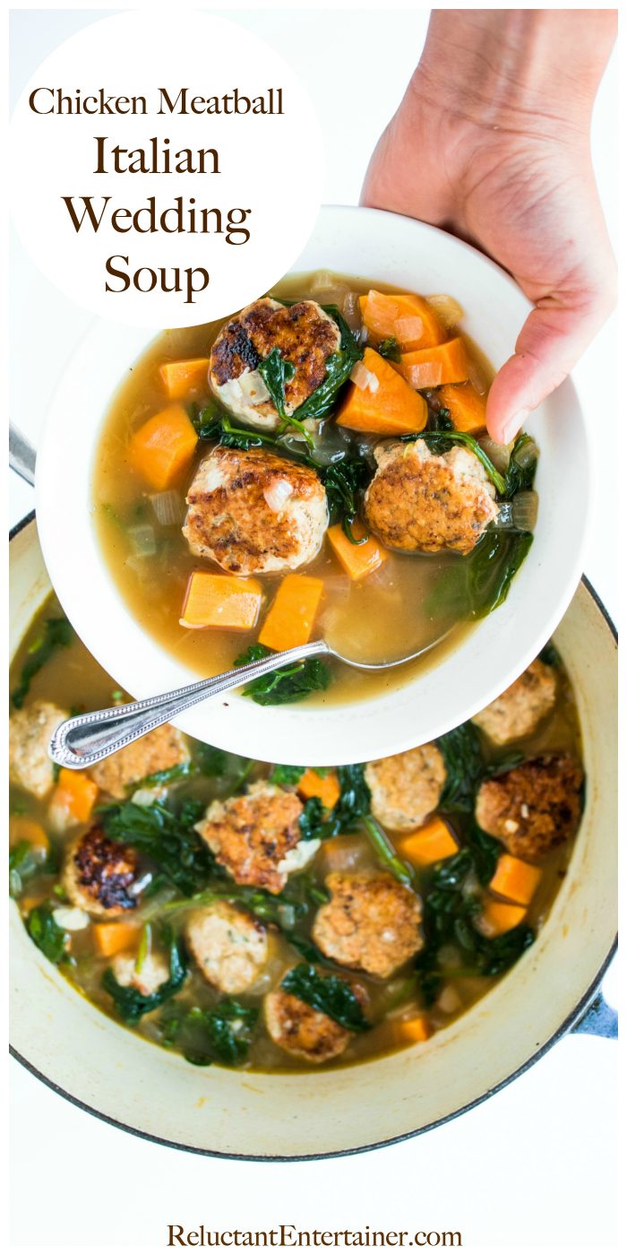 holding a bowl of Chicken Meatball Italian Wedding Soup