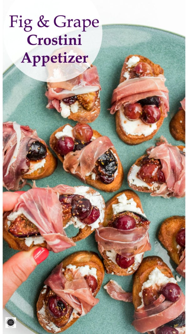 If you love crostini with fig jam, then you'll love this fig prosciutto crostini with grapes, goat cheese, and fresh-chopped rosemary!