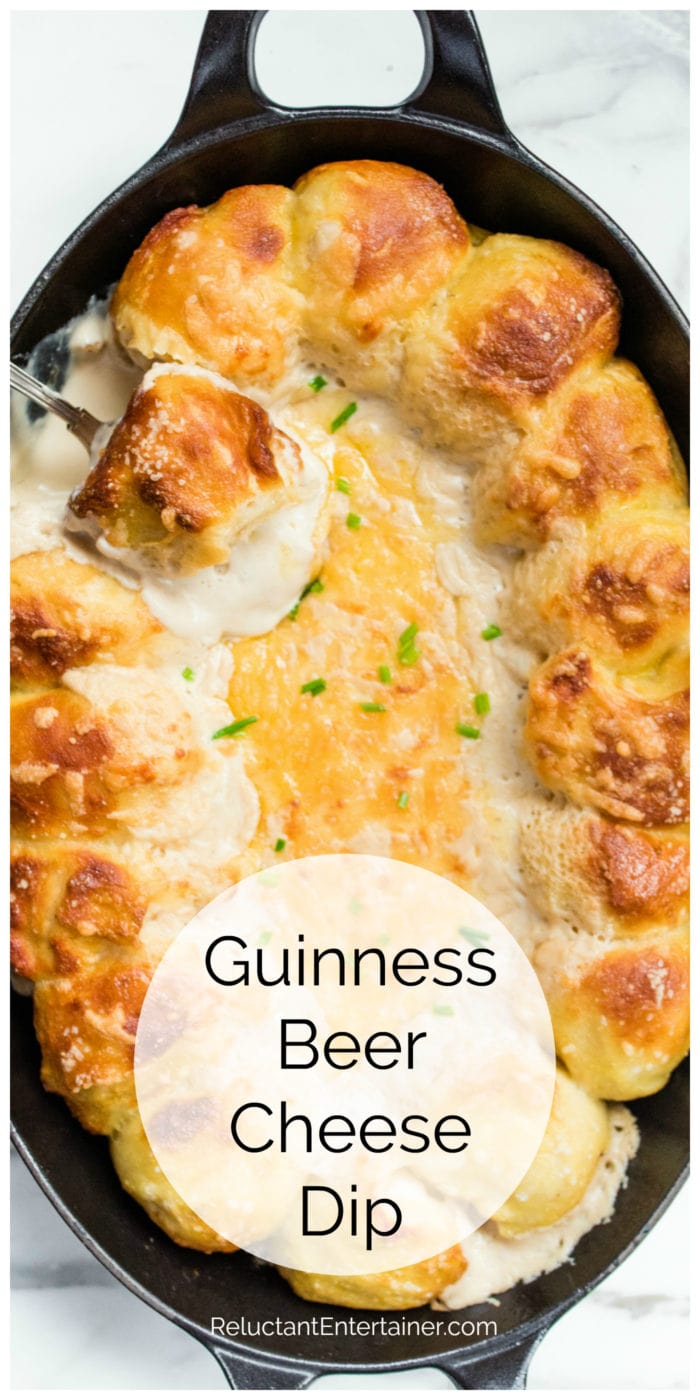 overhead shot of a plate of pretzel bites with cheese on top with text that reads guiness beer cheese dip