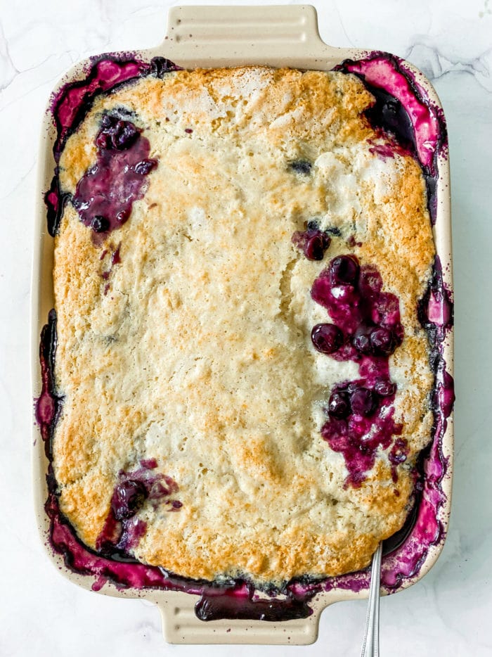 9x13 pan of cooked, juicy blueberry cobbler