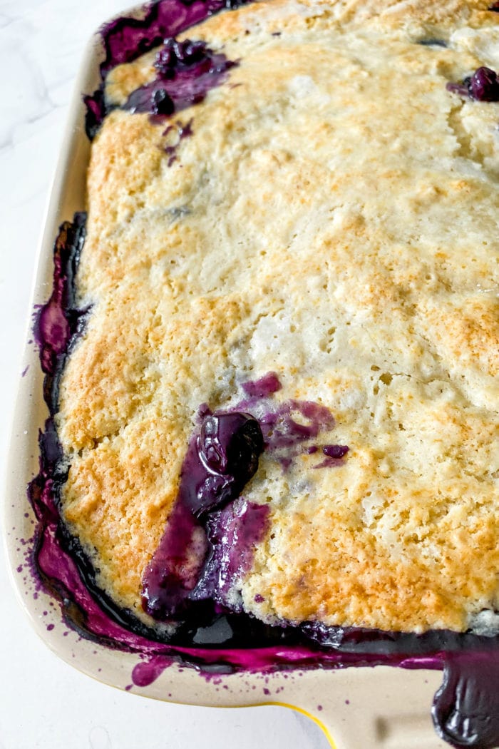 close up of hot of the oven blueberry cobbler