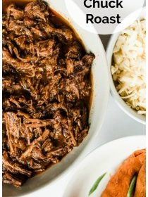 bowl of instant pot chuck roast with 2 other bowls of cheese and sweet potatoes
