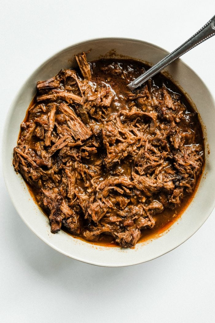 big bowl of shredded chuck roast