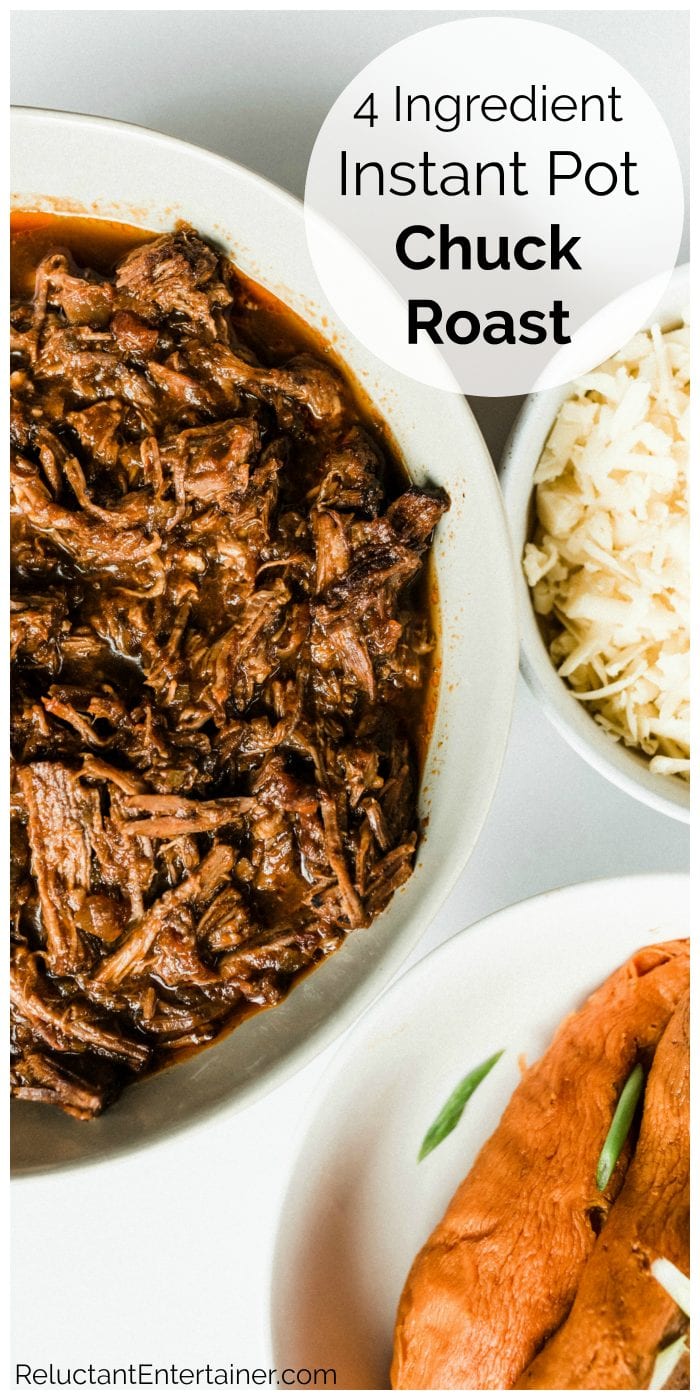 bowl of instant pot chuck roast with 2 other bowls of cheese and sweet potatoes