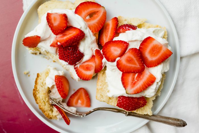 deconstructed strawberry shortcake with a fork