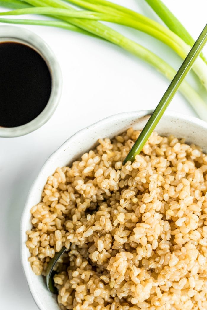 Instant Pot Brown Rice in a white bowl