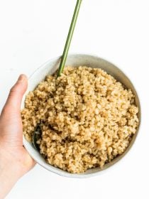 cooked brown rice in a bowl, made in an instant pot