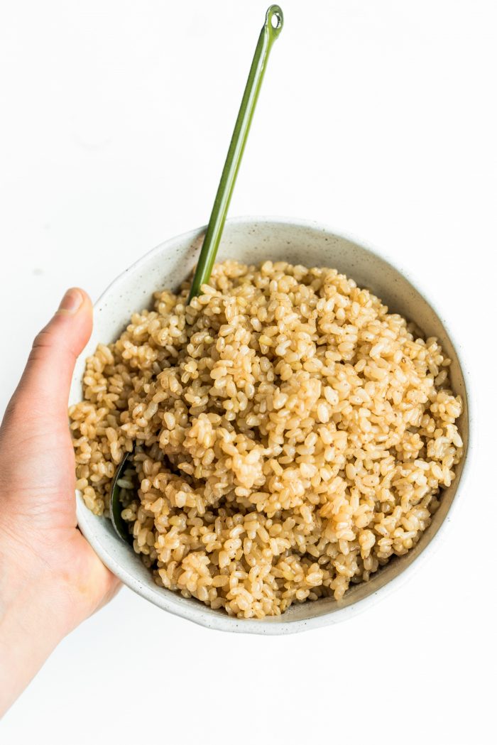 cooked brown rice in a bowl, made in an instant pot