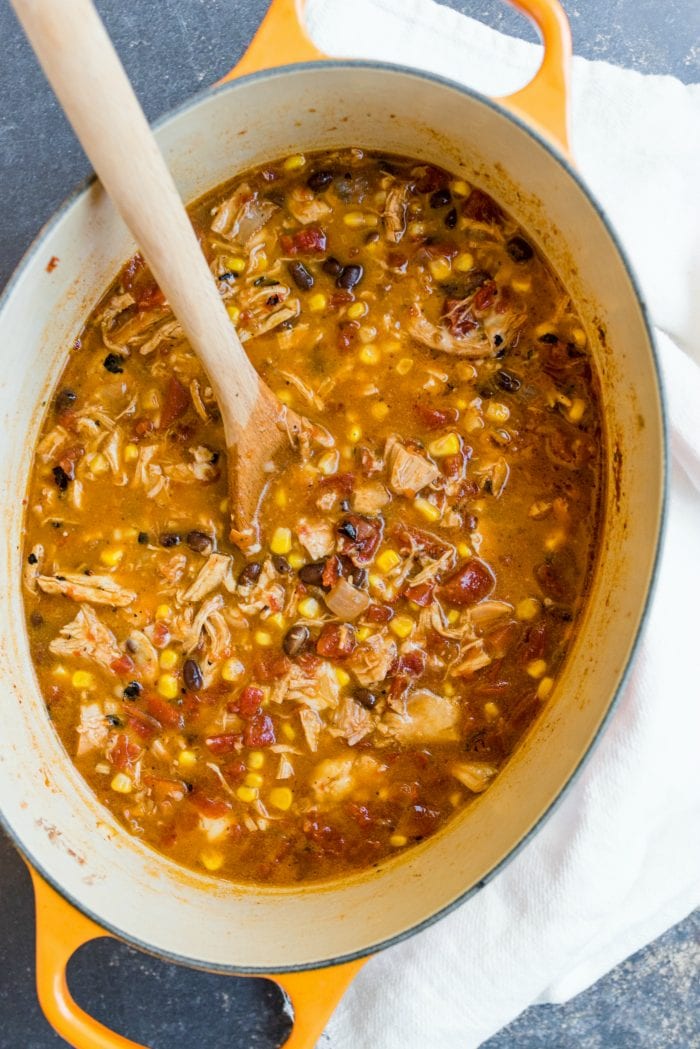 oval pot of chicken tortilla soup