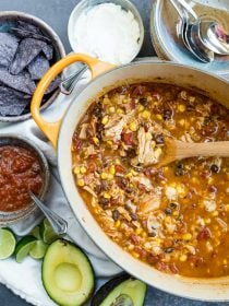 oval pot of torilla soup with black beans