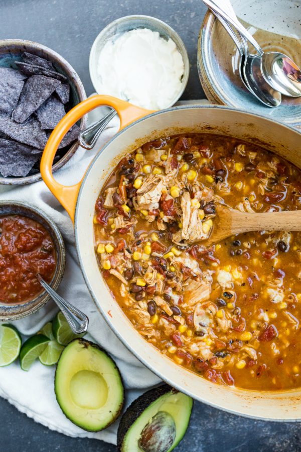 oval pot of torilla soup with black beans