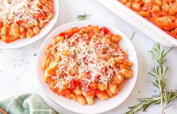 a bowl of baked white beans