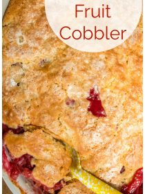 close up of fruit cobbler with a brown crust topping