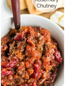 close up white bowl of apricot and cherry chutney