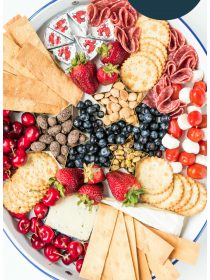 july 4th oval platter of foods with red, white, and blue colors