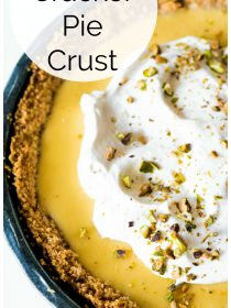 close up Ritz Pie crust made with lemon filling with whipped cream and pistachios