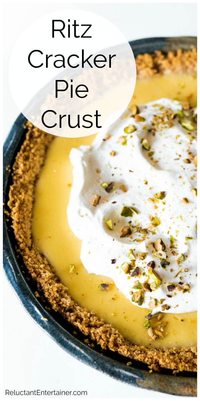 close up Ritz Pie crust made with lemon filling with whipped cream and pistachios