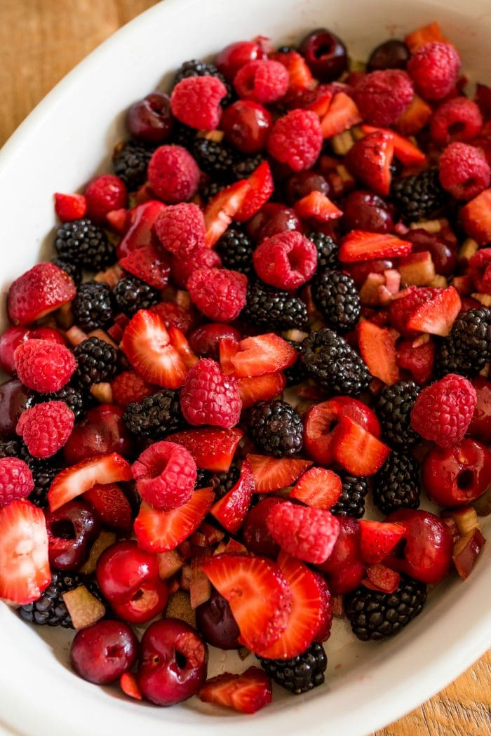 fresh summer fruit in an oval pan for baking