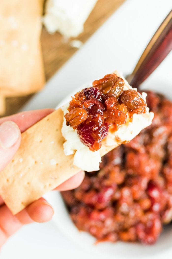 cracker with goat cheese and apricot cherry chutney
