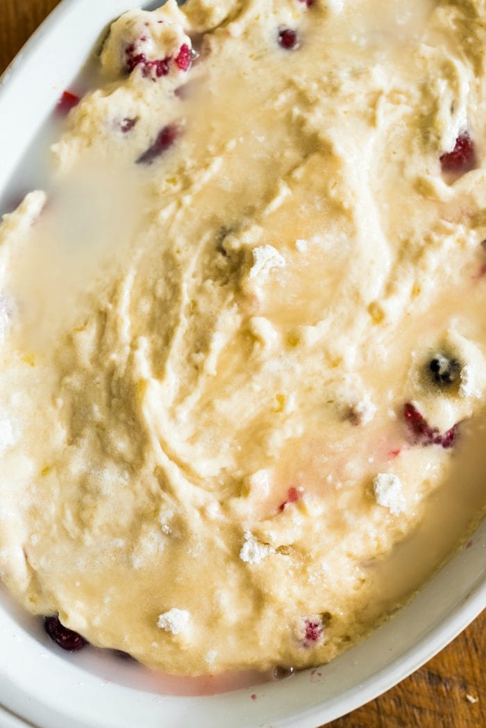 pouring boiling water over the cobbler topping before baking