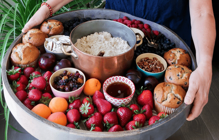 close up of an "oatmeal bar" on a large round tray