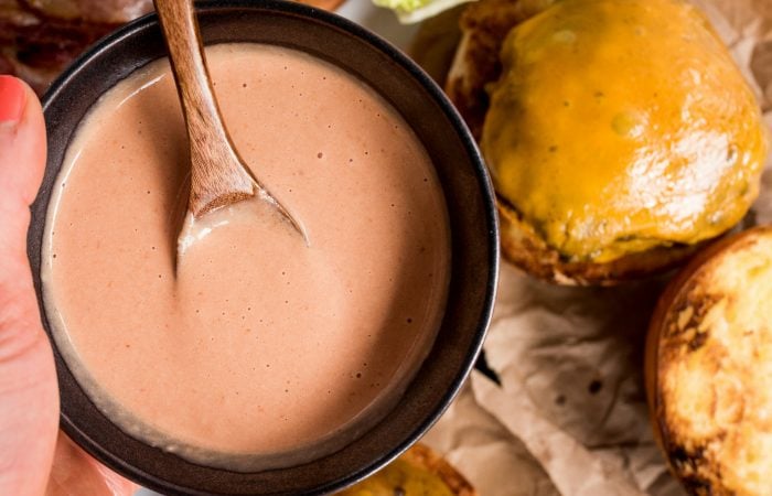 small bowl of pink sauce for burgers