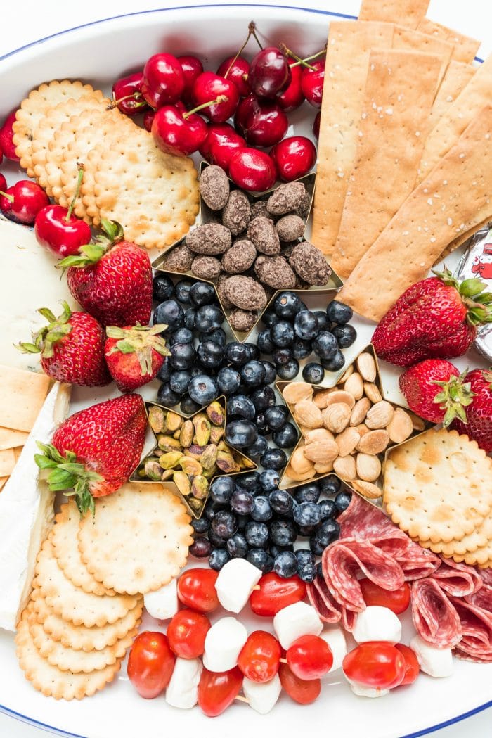 platter for 4th of July with red, white, and blue foods