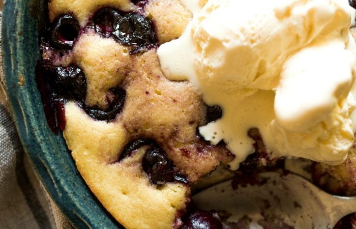 buttermilk cake with cherries and ice cream