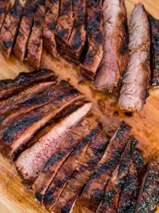 sliced flank steak marinated in balsamic and soy marinade