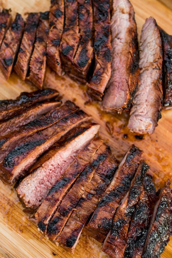 sliced flank steak marinated in balsamic and soy marinade