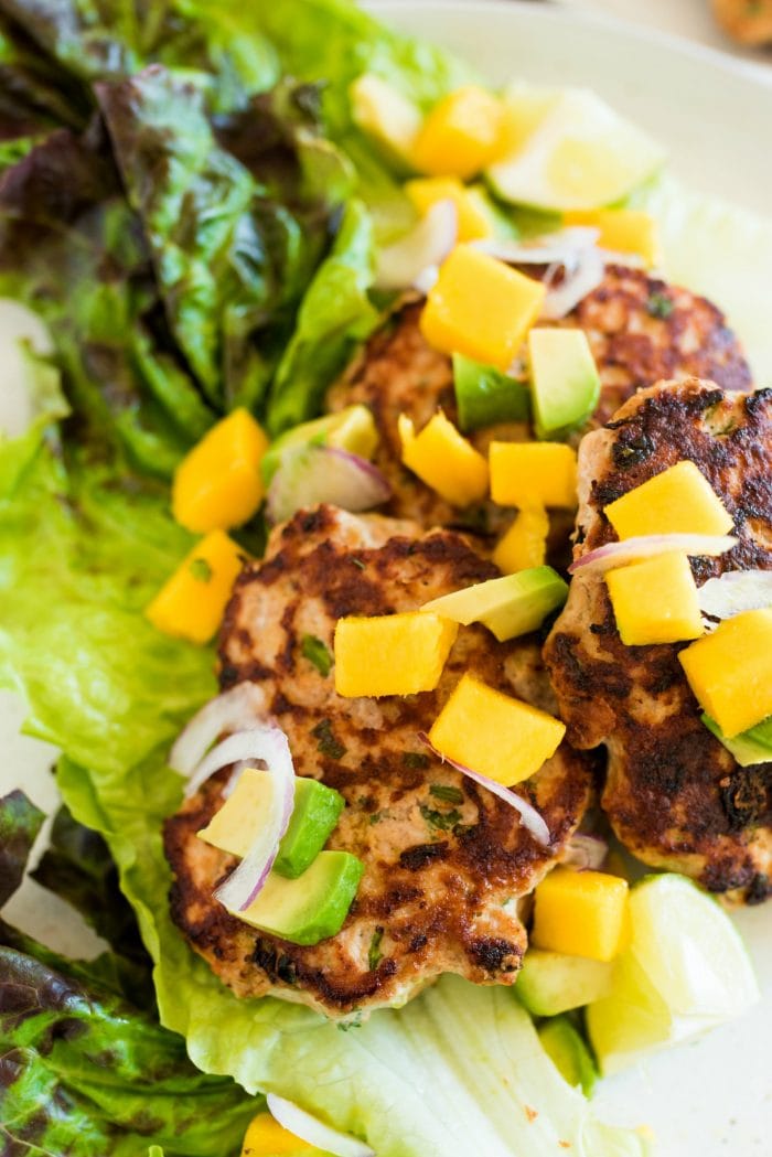 Savory Turkey Burgers with mango and avocado