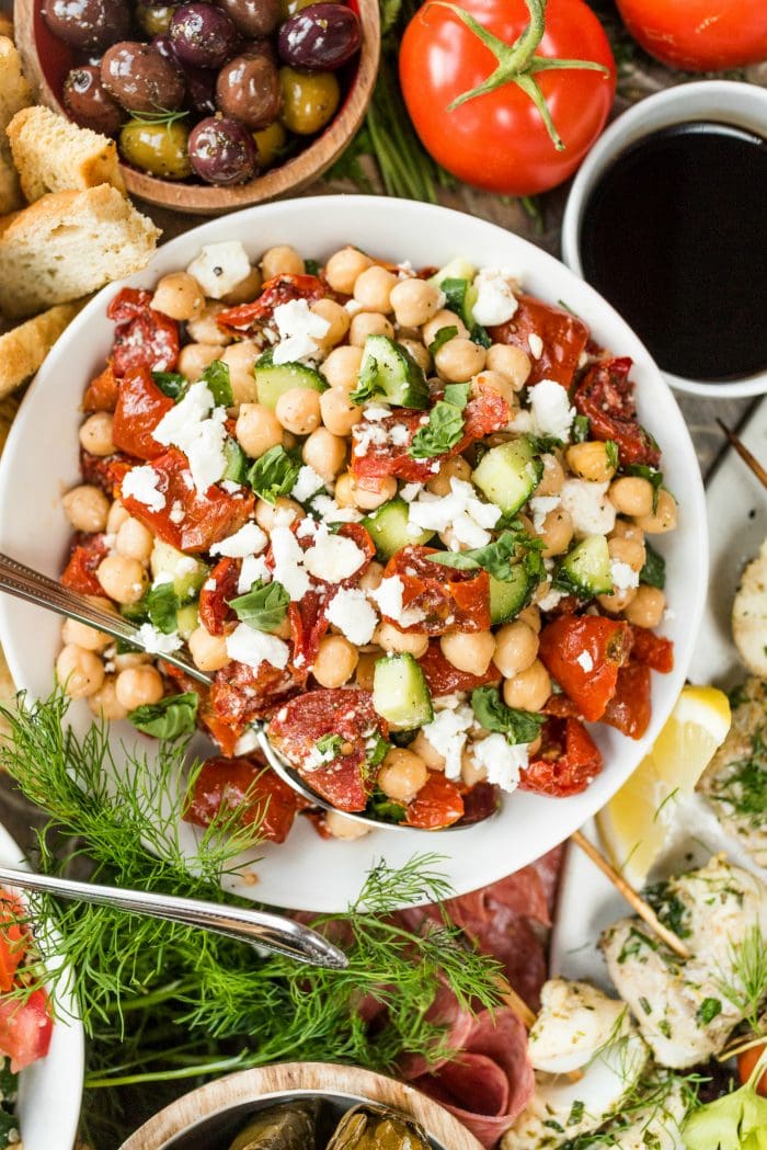 chickpea salad with tomatoes, cucumber, and feta