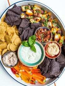 beautiful tray with chips and salsa and dips