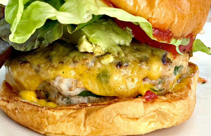 close up of cheesy Savory Turkey Burger patty