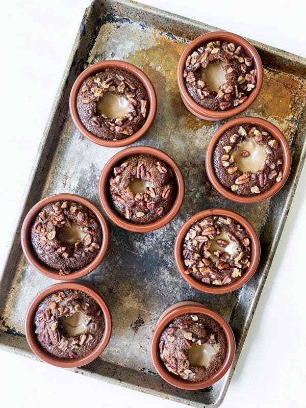 hot out of the oven, a pan of maple pecan lava cakes