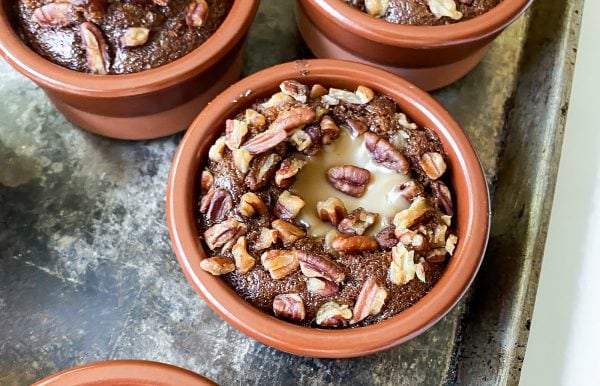 close up hot maple pecan lava cake