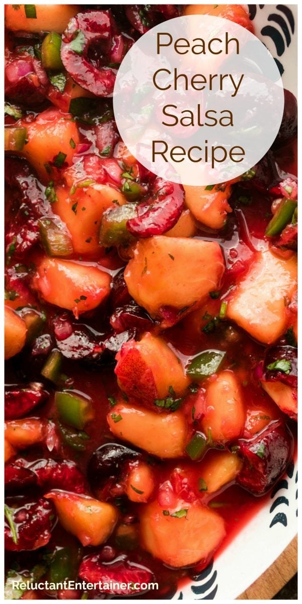 close up of peaches and cherries in a salsa