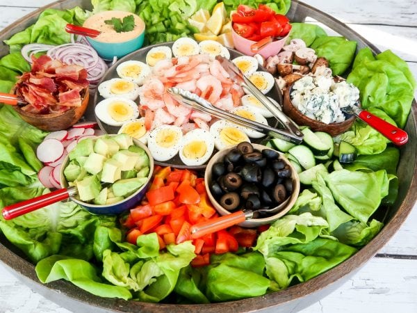 shrimp cobb ingredients on a large board