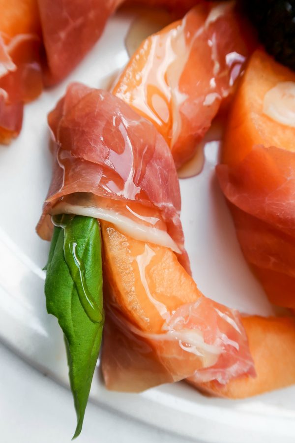 close up of one Prosciutto-Wrapped Melon Slices