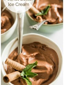 white bowl of banana chocolate peanut butter ice cream with cookie