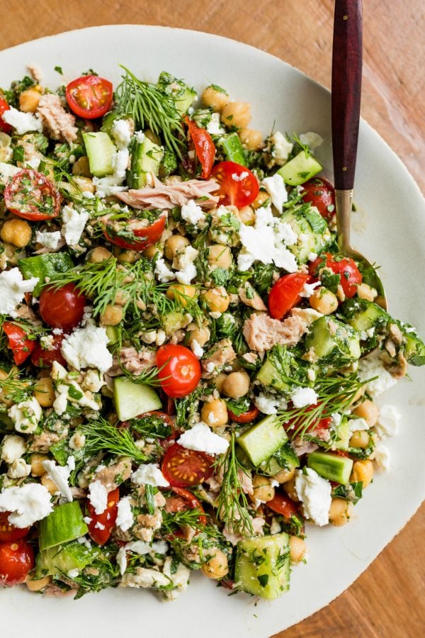 a white bowl of Marinated Chickpea Tuna Salad