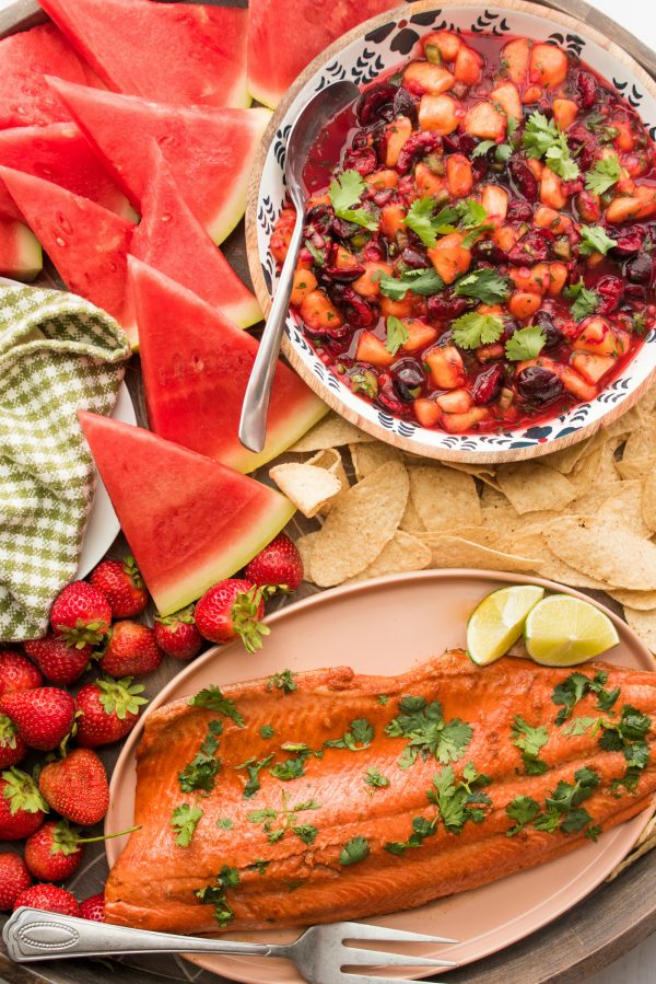 salmon fillet with peach cherry salsa