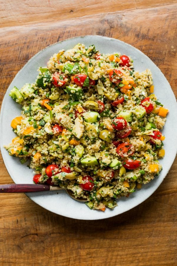 round white plate of Herbed Quinoa Veggie Salad