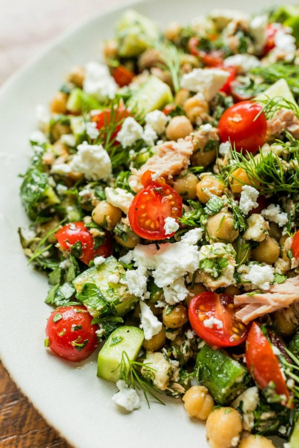 feta cheese, cucumber, chickpea, tuna salad