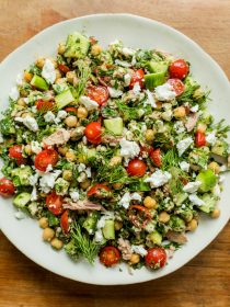 marinated tuna salad in a big white bowl