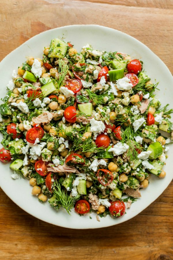 marinated tuna salad in a big white bowl